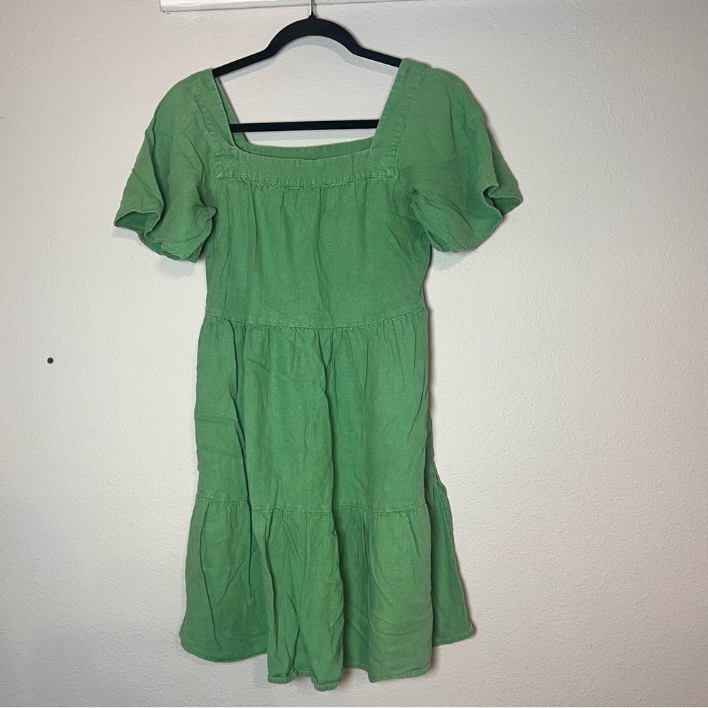 Loft Tiered Mini Dress Size XS Green Linen Blend Square Neck Short Sleeve